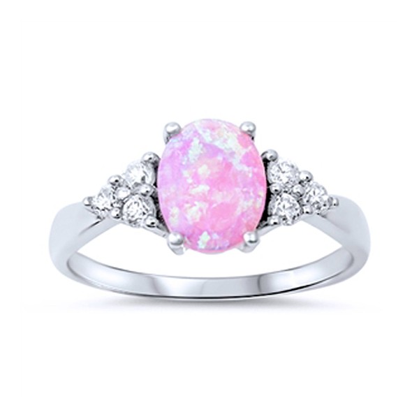 DoubleAccent Sterling Silver Oval Simulated Pink Opal Engagement Ring 8mm