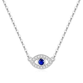 PAENENPH Solid 14K Yellow Gold Over 925 Silver Evil Eye Pendant Necklace,Dainty Round Sapphire and Moissanite Devil's Eye Protection Necklace,Lucky Jewelry Gift for Women, Sterling Silver, Moissanite
