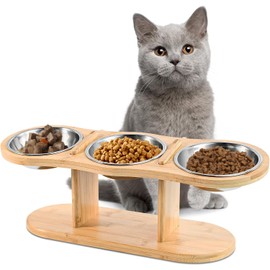 Elevated Cat Bowls - 3 Stainless Steel Cat Bowls with 15° Tilted Bamboo Stand for Indoor Cats, Small Dogs and Puppy