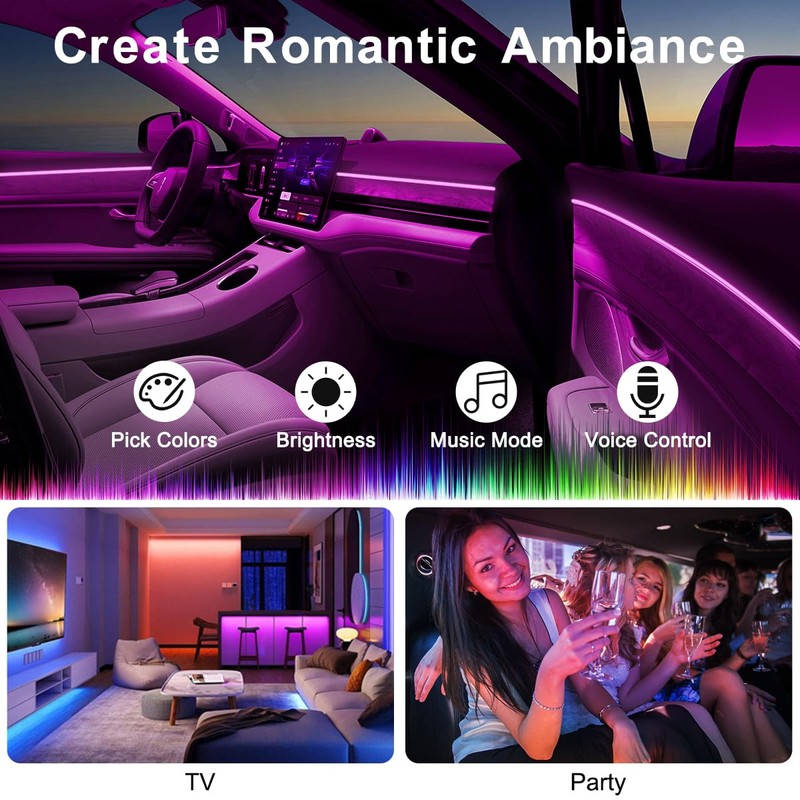 Interior Car LED Strip Lights APP Control, 5 in 1