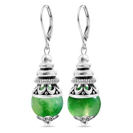 XKBYL 10mm Natural Stone Bead Drop Earrings,Retro Silver Real Genuine Crystal Quartz Gemstone Boho Bohemian Dangle Earrings Jewelry Gift for Women (A32_Moss Agate)