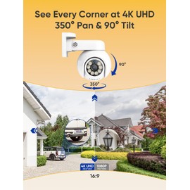 SANNCE 4K PTZ PoE Outdoor Surveillance Camera, 8MP 350° Pan 90° Tilt Surveillance Camera, Human Vehicle Detection, Two-Way Audio, Car Tracking, Colour Night Vision