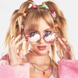 COASION Melting Heart Sunglasses for Women Men Trendy Design Rimless Party Cute Prom Glasses Personality Fashion Fire Flame Shades (Blue)