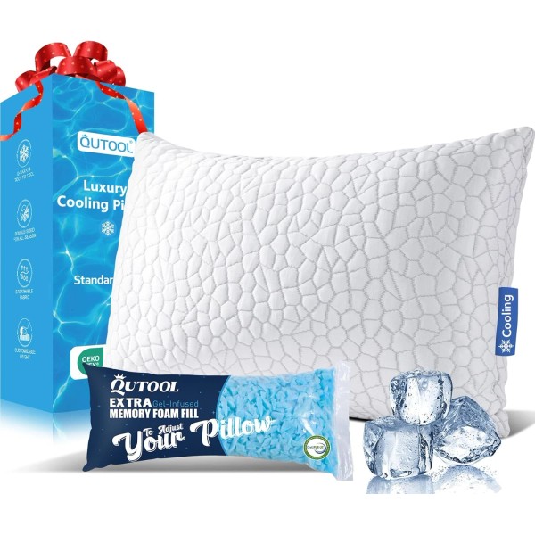 QUTOOL White Cooling Memory Foam Pillow Adjustable Gel Standard Size
