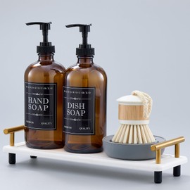 Soap Dispenser Set – 16oz Refillable Amber Glass Bottles with Brush Holder, Dish Scrub, Diatomite Tray, 12 Waterproof Labels – Brown Non-Slip Base for Home Upgrade, Rustic Farmhouse Style (Set of 6)