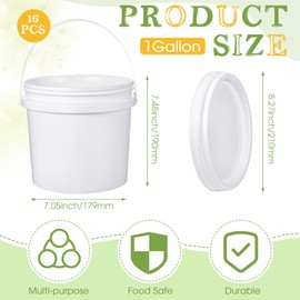 Leinuosen 16 Pcs 1 Gallon White Plastic Bucket with Handle and Lid Reliable Heavy Duty Bucket Pail Container Food Safe Bucket for Multipurpose Storage Paint Art Crafts Projects