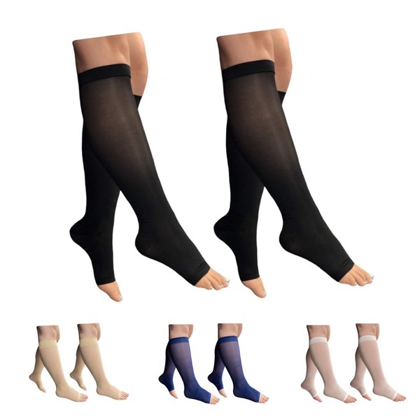 HealthyNees 2 Pair 8-15 mmHg Sheer Compression Leg Calf Shin Thin Open Toe Socks (Small/Medium (2 Pair), Black)