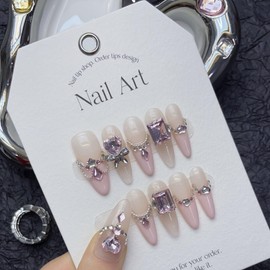 TENPAL French Tip Press on Nails Almond Pink Gel Fake Nails With Glue Handmade Acrylic Nails Press ons 10pcs/Box False Nails With Rhinestones Alloy Steel Ball Chain Designs Stiletto Press ons(M)