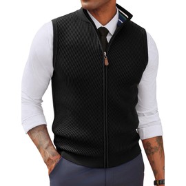 PJ PAUL JONES Mens Sweater Vests Fashion Warm Lightweight Sweater Vests Full Zip Gift for Husband Black, S