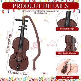 Poen Christmas Tree Mini Violin Ornament Christmas Hanging Decor Musical Instrument Ornaments Tiny Violin Decorations Music Lovers Gift for Xmas Music Teacher Gifts Party Favor (6 Pcs)
