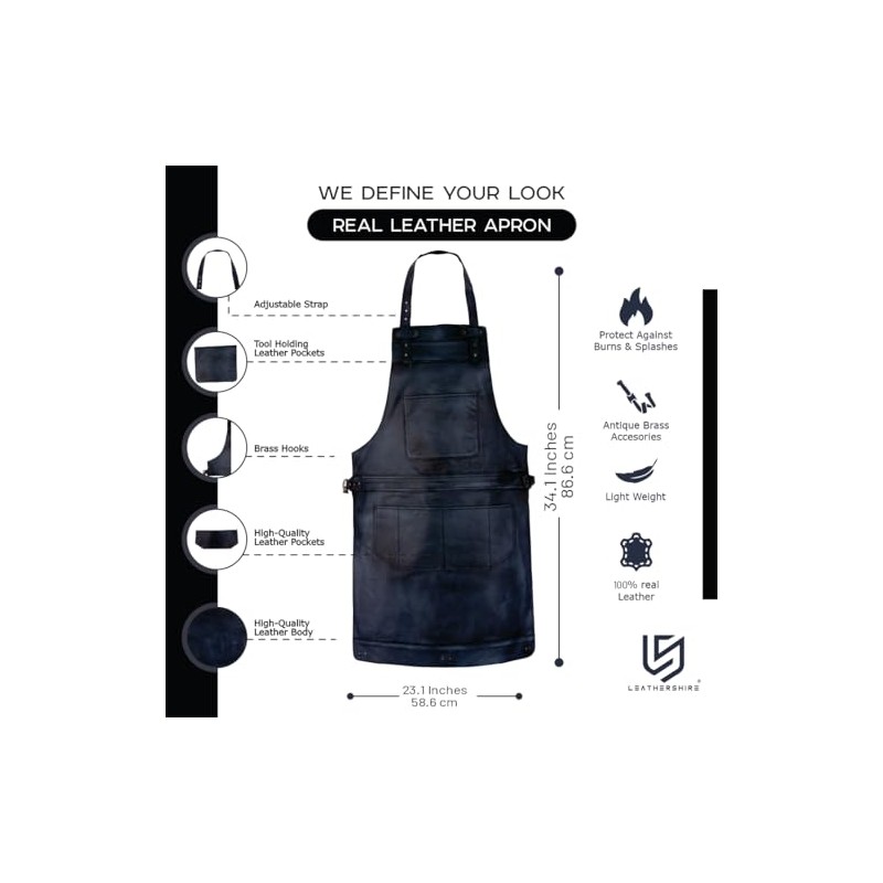 LeatherShire Black Wax Full Grain Leather Bib Apron Butcher Apron