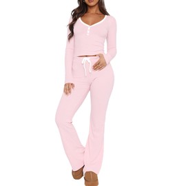 LACOZY 2 Piece Long Sleeve Casual Tops Matching Lounge Y2K Pajama Sets Pullover Top V Neck Color Block Set Pink L