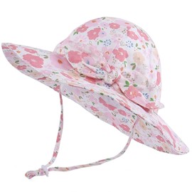 XIXIMAON Infant Baby Girl Sun Hat Bow Decor Floral Adjustable Hats Wide Brim Beach Caps with Chin Straps Summer Bucket Hat for Girls 6-12months (Pink, ONE Size)