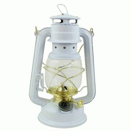 HEINZE Petroleum Lamp, White, with Brass-Plated Elements, Height 24 cm, Filling Lid with Child Lock, Light Duration Approx. 20 Hours