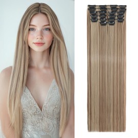 Benehair 22" Clip in Hair Extensions Long Straight Hair Extensions Clip in Synthetic Fiber Full Head Natural Extension Brown mix Blonde Hair Piece for Women(Brown mix Blonde, 180g)
