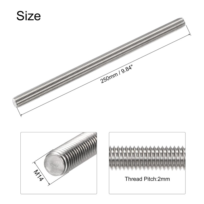 sourcing map 2Pcs M14 x 250mm Fully Threaded Rod 304