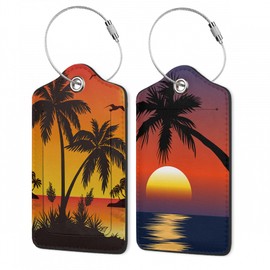 Tropical Sunset Palm Luggage Tags,2 Pack Luggage Tag,Leather Privacy Cover ID Label with Stainless Steel Loop for Women Men Kids Girls Travel