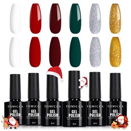 TOMICCA UV/LED Gel Nail Varnish, Christmas Set, 6 Colours, Red, Green, White, Glitter, Shellac Nail Varnish, Soak Off, Gift, for Nail Studio, DIY at Home, 8 ml