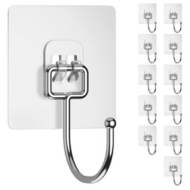 Yuraise 12-Pack Large Adhesive Wall Hooks for Hanging Heavy Duty 44lbs, Rustproof & Waterproof Hanging Hooks for Bathroom Kitchen Home, Bolded 304 Stainless Hangers for Keys Robe & Towel, Clear
