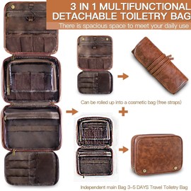 Hanging Toiletry Bag for Men and Women – 3-in-1 Travel Organizer, Water-Resistant PU Leather Dopp Kit, Large Makeup & Shaving Bag for Toiletries Accessories