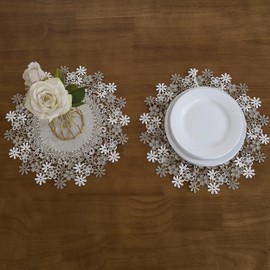 Winotic Natural Neutral Earth Tones Beige Floral Lace Round 15” placemats Set of 2 Doily Table Topper Dresser Scarf Place Mats (Set of 2, 15” Round)