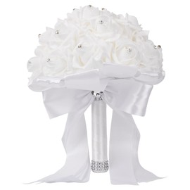 AUEAR, Wedding Bouquets Flower Bridal Bridesmaid Hand Bouquet Crystal Silk Artificial Rose Flowers for Bride Wedding Party and Church (White)