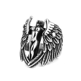 HZMAN Vintage Archangel Goddess Feather Angel Wing Stainless Steel Ring for Men Women (Silver,7)