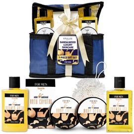 SpaLife Luxury Spa Skincare Sandalwood Gift Set for Men | Mens Body Wash Gifts | Mens Gift Set for Bath and Body | Gifts for Men | Cleansing, Moisturizing, Exfoliating | 7-Piece Bundle