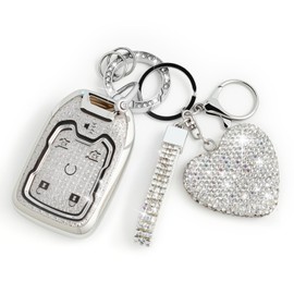 Nomiyo Key Fob Cover with Diamond, Compatible with GMC Yukon Chevy Suburban Tahoe 2015-2020 etc, Sparkling TPU Key Case and Elegant Heart Decoration for Women (6 Button, Silver)