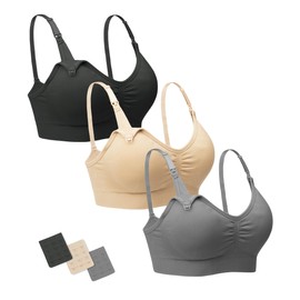 Stelle Nursing Bras Maternity Bra for Breastfeeding Pregnancy Wireless Bralette with Pads, Extenders & Clips (Black/Gray/Beige,XL)