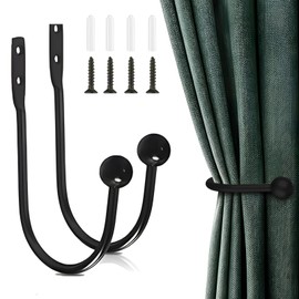 2 Pcs Curtain Holdbacks Curtain Tiebacks Hooks, U Shaped Metal Drapery Hooks Wall Mounted Window Curtain Holder (Black)