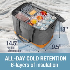 CleverMade Pacifica Collapsible Cooler, 50 / 31 Qt Can Beach Folding Soft Beverage Tote, Shoulder Strap, Bottle Opener, Great Car Coolers for Travel, Leak Proof Bag, Cool Gray/Cognac
