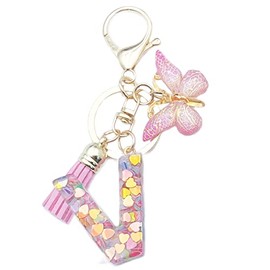 Xsclpomddy A-Z Initials Letter Keychain Pink with Tassel Butterfly Pendant for Wallet Backpack Handbags Women Girls,Letter V