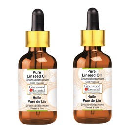 Greenwood Essential Pure Linseed Oil (Linum usitatissimum) with Glass Dropper Natural Therapeutic Quality Cold Pressed (Pack of Two) 100 ml x 2 (6.76 oz)