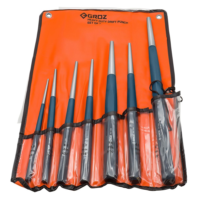 Groz 25809 Heavy Duty Drift Punch Set, 7pc with 1/8",