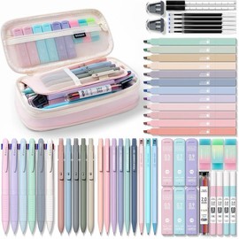 Four Candies 56 PCS Aesthetic School Supplies with Large Pencil Case, 6 Colored Ballpoint Pens, 12 Pastel Highlighters, 5 Black Ink Gel Pens, 9 Mechanical Pencils 0.5-2.0mm Student Essentials pastel  highlighters stuffer gift:_Pink