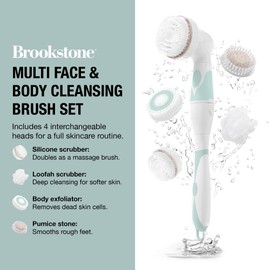 Brookstone Multi Face and Body Cleansing Brush Set | 4 Interchangeable Brush Heads | Rotating Technology for Deep Cleansing | Waterproof Design | White/Mint