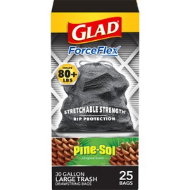 Glad Large 30 Gallon Trash Bags, Pine-Sol Heavy Duty Garbage Bags, Forceflex with Drawstring, 25 Count (Packaging May Vary)