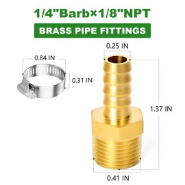 TAISHER 2 PCS Brass of Hose Barb Fittings 1/4"(6.35mm) Barb x 1/8" MNPT Pipe Adapter Air Hose Fitting with 2 PCS Hose Clamp