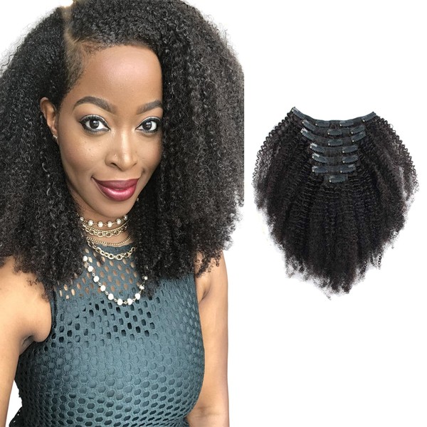 Sassina Seamless Remi Human Hair Clip In Extensions 8A Grade Double Wefts Afro Kinky Curly Clip On HairNatural Looking 3C 4A For African Americans 120 Grams 7 Pc With 17 Clips AC 12 Inch