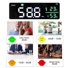 Decibel Meter, Wall Hanging Sound Level Meter, Noise Decibel Meter, 3 in 1 Noise Temperature Humidity Meter, 30 to 130dB Range, with 11in Large LED Display Screen, for Classroom