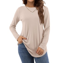 Amoretu Women Crew Neck Shirts Casual Long Sleeve Tunic Loose Tops, Apricot XL