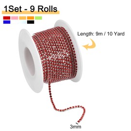 uxcell 9 Roll 90 Yards 3MM Crystal Rhinestone Close Chain Trim, Sew on Crystal Rhinestone Chain Trim for Sewing Crafts Wedding Party DIY Decoration, 9Color in
