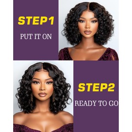 FASHION IDOL Short Curly Human Hair Bob Wigs for Women Wear and Go Deep Wave Lace Front Wig Middle Part Shouder Lenth Wig Pre plucked with Baby Hair Natural Black 150% Density
