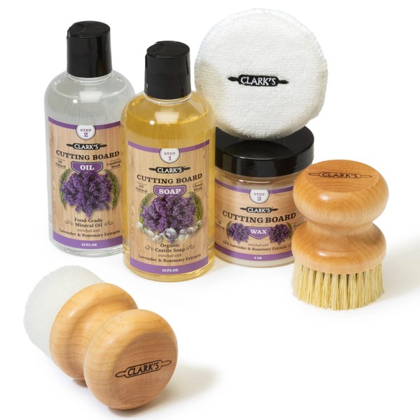 CLARK'S Cutting Board Oil and Wax Kit Complete Care Set includes Mineral Oil (12oz), Finishing Wax (6oz), Applicator, Scrub Brush & Buffing Pad, Enriched with Lavender and Rosemary Extract
