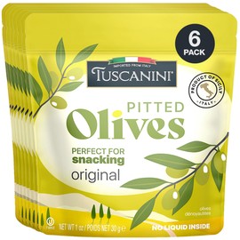 Tuscanini Italian Pitted Snack Olives, 1 oz (6 Pack) | Convenient Olive Pouches for Snacking | No Oil | Gluten Free, Vegan, Keto Friendly | Pitted Olives | Great for Travel, Picnics and Office Snacks | Kosher