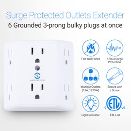 Unidapt Multi Plug 6 Outlet Extender, 2 Pack Surge Protector Wall Splitter, 1800J Power Strip 3 Side Wide Spaced Adapter Multiple Charger Expander, Mountable Wall Tap for Office Home Travel ETL Listed