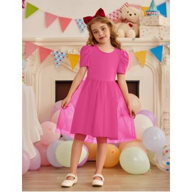 Arshiner Todller Tutu Dresses Valentine Party Formal Wedding Flower Puff Sleeve Tulle Spring Kid Dress Hot Pink 7-8