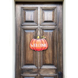 Pumpkin Welcome Sign 3D Metal Rustic Fall Harvest Wall Decor Vertical Thanksgiving Door Front Door Hanging Sign for Indoor Outdoor Entryway Porch Balcony Home Decoration (17” x 14”) (Orange Pumpkin Welcome)