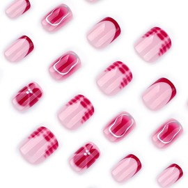 24 Pcs Pink Press On Nails Short Square,YEFIUO Glossy Fake Nails Press ons Nail Art Tip Acrylic Nail Kit Glue on Nails Full Cover False Nail with Red Snake Print French Flowers Petals Design for Ma'am